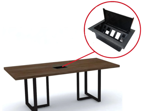 Mesa de reunião pé tubular com caixa de tomada